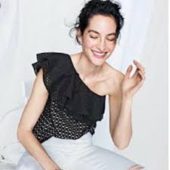 J.Crew NWT Black One Shoulder Ruffle Eyelet Lace Top Size 0 - Picture 2 of 14